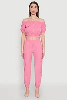 Womens Smocked High Waisted Cargo Joggers, Pink, Size S
