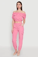 Womens Smocked High Waisted Cargo Joggers, Pink, Size S