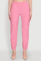 Womens Smocked High Waisted Cargo Joggers, Pink, Size S
