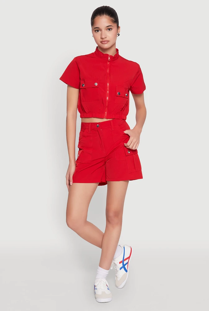 Womens High Waisted Cargo Pocket Shorts, Red, Size L