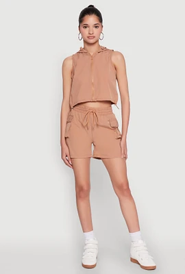 Womens Drawstring Waist Cargo Pocket Shorts, Khaki, Size S