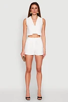Womens Pleated High Waisted Shorts, White, Size S