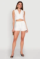 Womens Pleated High Waisted Shorts, White, Size S
