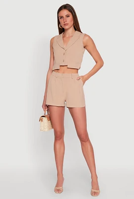 Womens Pleated High Waisted Shorts, Khaki, Size M