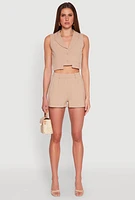 Womens Pleated High Waisted Shorts, Khaki, Size M