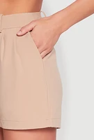 Womens Pleated High Waisted Shorts, Khaki, Size M