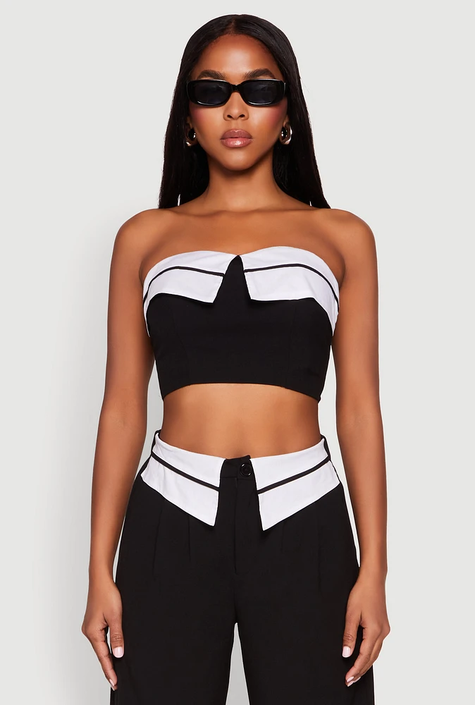 Womens Contrast Trim Fold Over Crop Top,