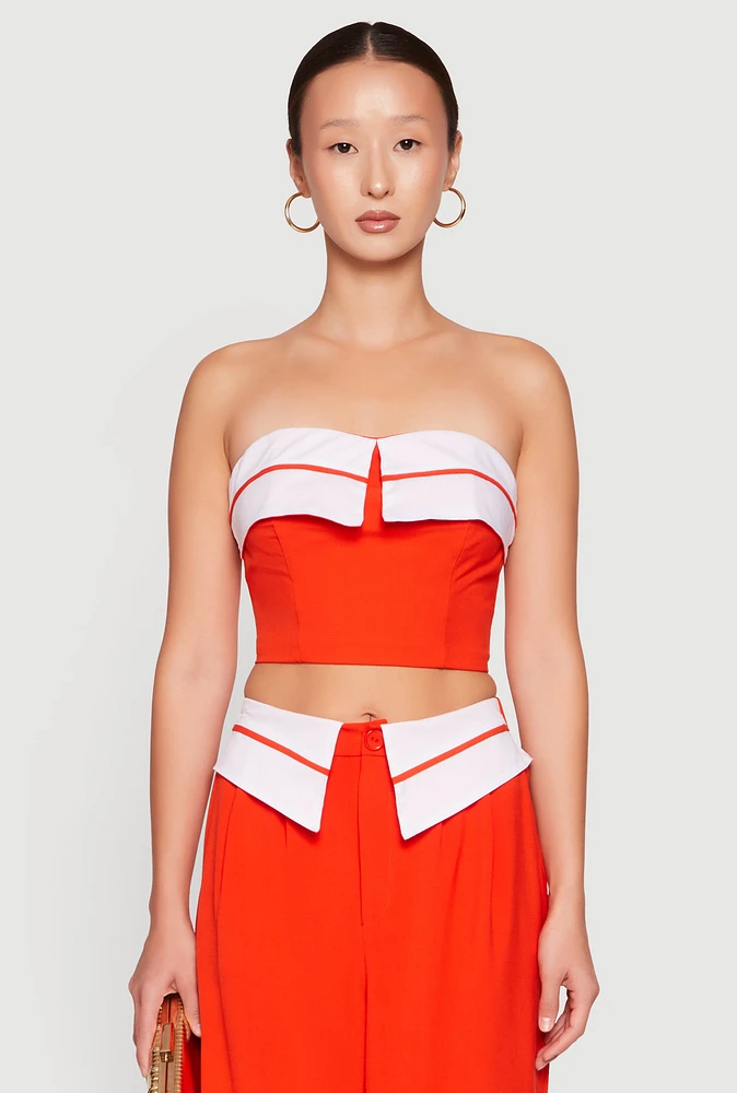 Womens Contrast Trim Fold Over Crop Top, Orange,