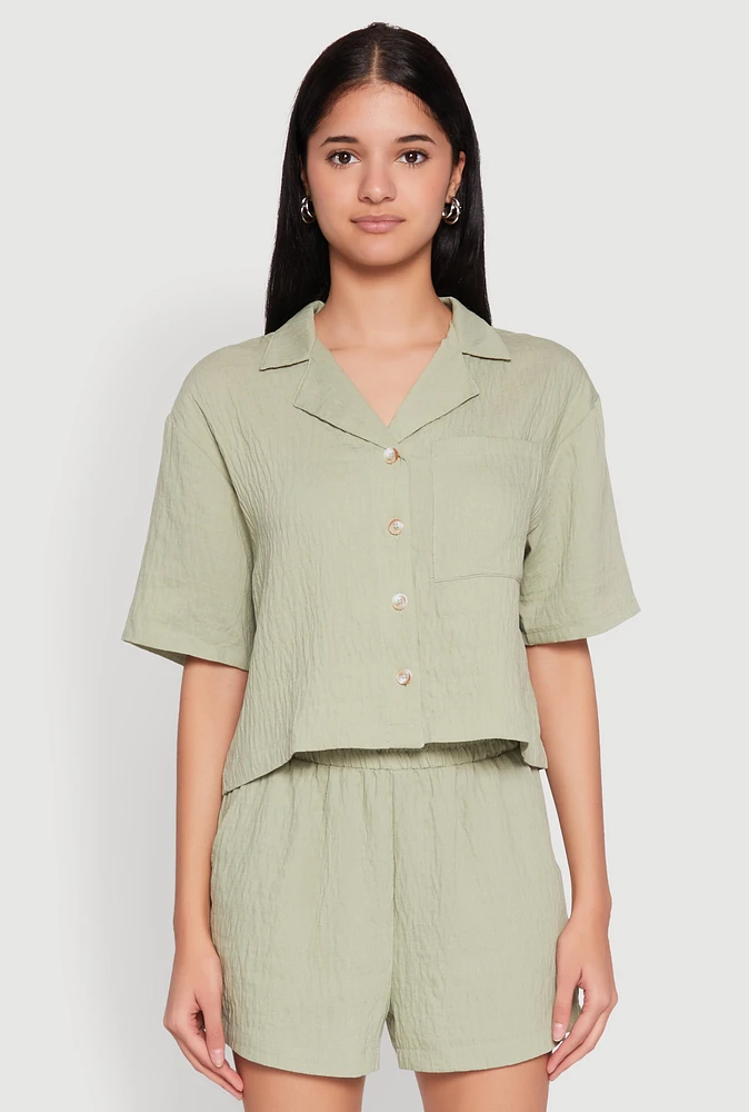Womens Linen Pocket Shirt, Green, Size L