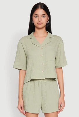Womens Linen Pocket Shirt, Green, Size L