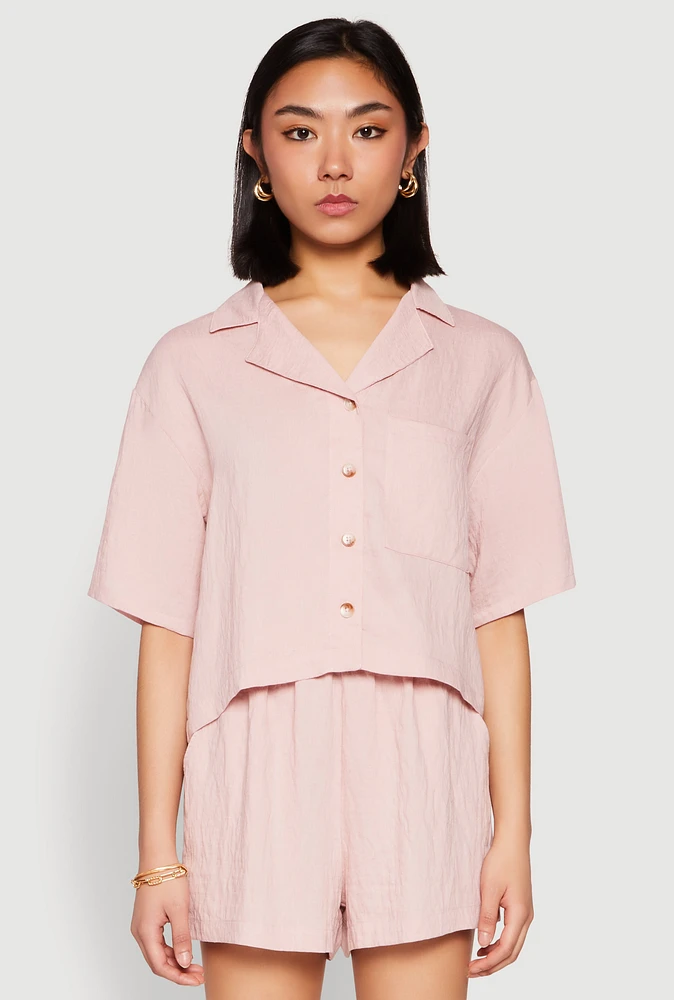 Womens Linen Pocket Shirt, Pink, Size L