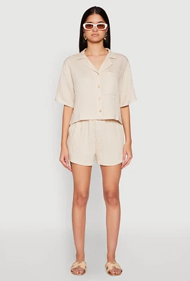 Womens Linen High Waist Pocket Shorts, Khaki, Size S