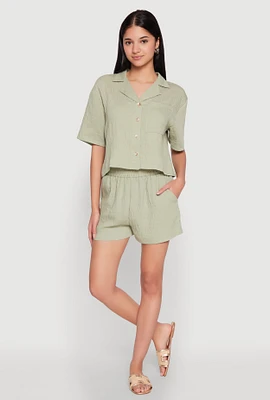 Womens Linen High Waist Pocket Shorts,