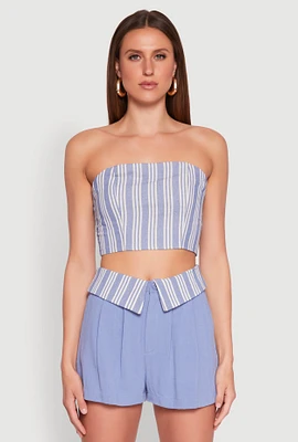 Womens Cropped Stripe Tube Top, Blue, Size M
