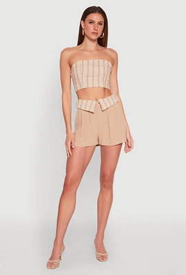 Womens Stripe Fold Over Pleated Shorts, Khaki, Size S