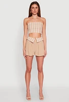 Womens Stripe Fold Over Pleated Shorts, Khaki, Size S