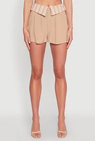 Womens Stripe Fold Over Pleated Shorts, Khaki, Size S
