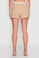 Womens Stripe Fold Over Pleated Shorts, Khaki, Size S