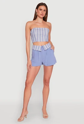 Womens Stripe Fold Over Pleated Shorts, Blue, Size L