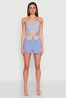 Womens Stripe Fold Over Pleated Shorts, Blue, Size L