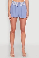 Womens Stripe Fold Over Pleated Shorts, Blue, Size L