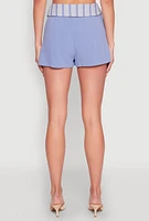 Womens Stripe Fold Over Pleated Shorts, Blue, Size L
