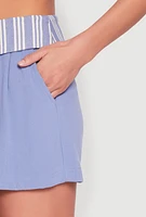 Womens Stripe Fold Over Pleated Shorts, Blue, Size L