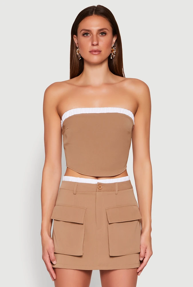 Womens Contrast Trim Tube Top, Beige, Size L