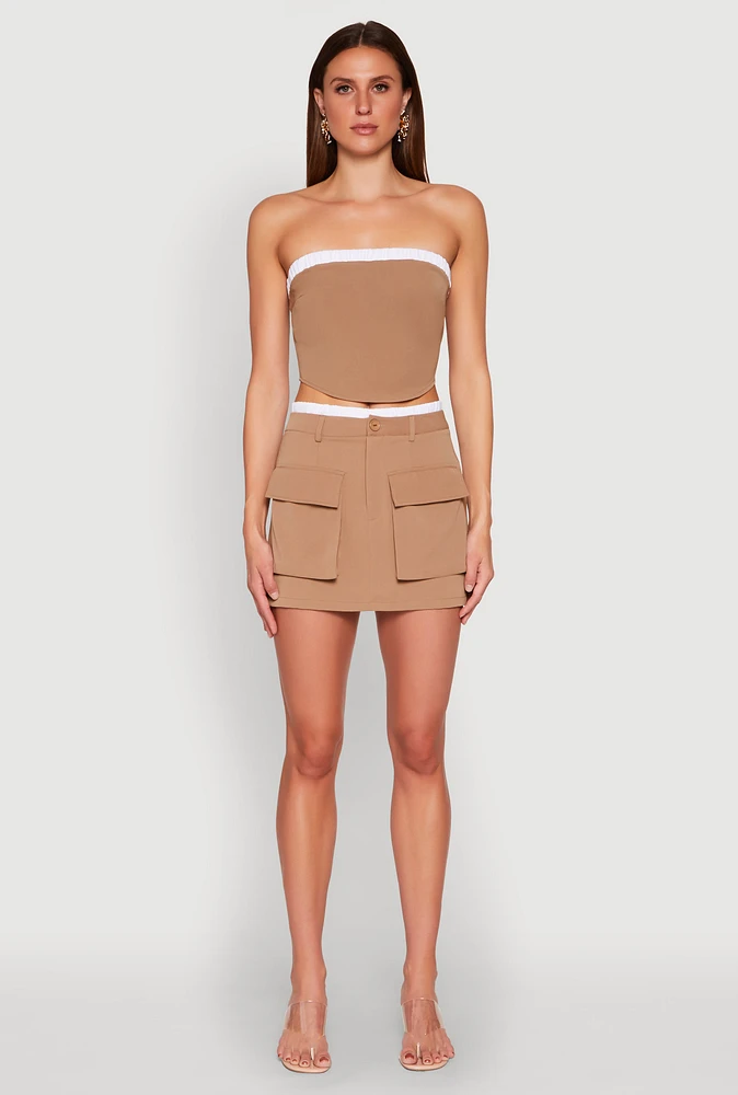 Womens Contrast Trim Cargo Pocket Mini Skirt, Brown, Size L