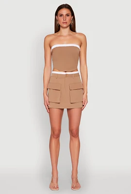 Womens Contrast Trim Cargo Pocket Mini Skirt, Khaki, Size L