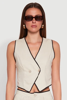 Womens Linen Contrast Trim Vest, Beige, Size S
