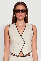 Womens Linen Contrast Trim Vest, Beige, Size S