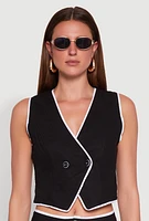 Womens Linen Contrast Trim Vest, Black, Size S