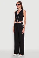 Womens Linen Contrast Trim Vest, Black,