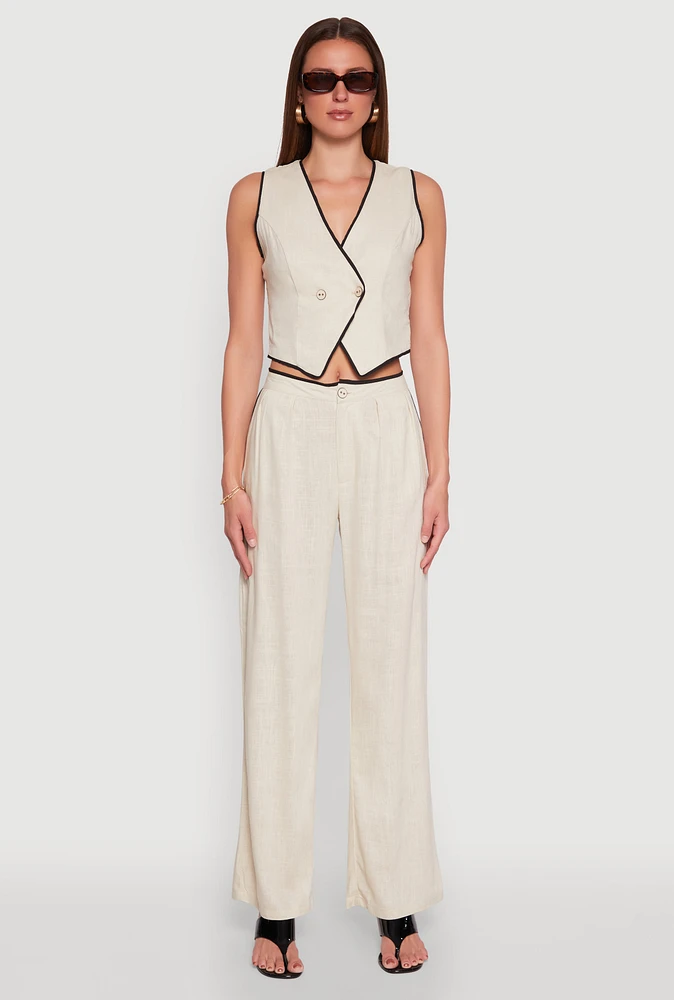 Womens Linen Contrast Trim Pants, Khaki, Size S