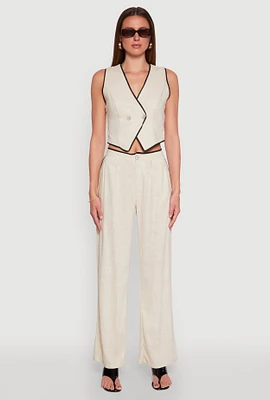 Womens Linen Contrast Trim Pants, Khaki, Size S