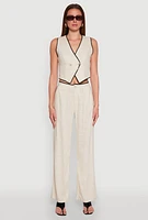 Womens Linen Contrast Trim Pants, Khaki, Size S
