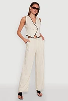 Womens Linen Contrast Trim Pants, Khaki, Size S