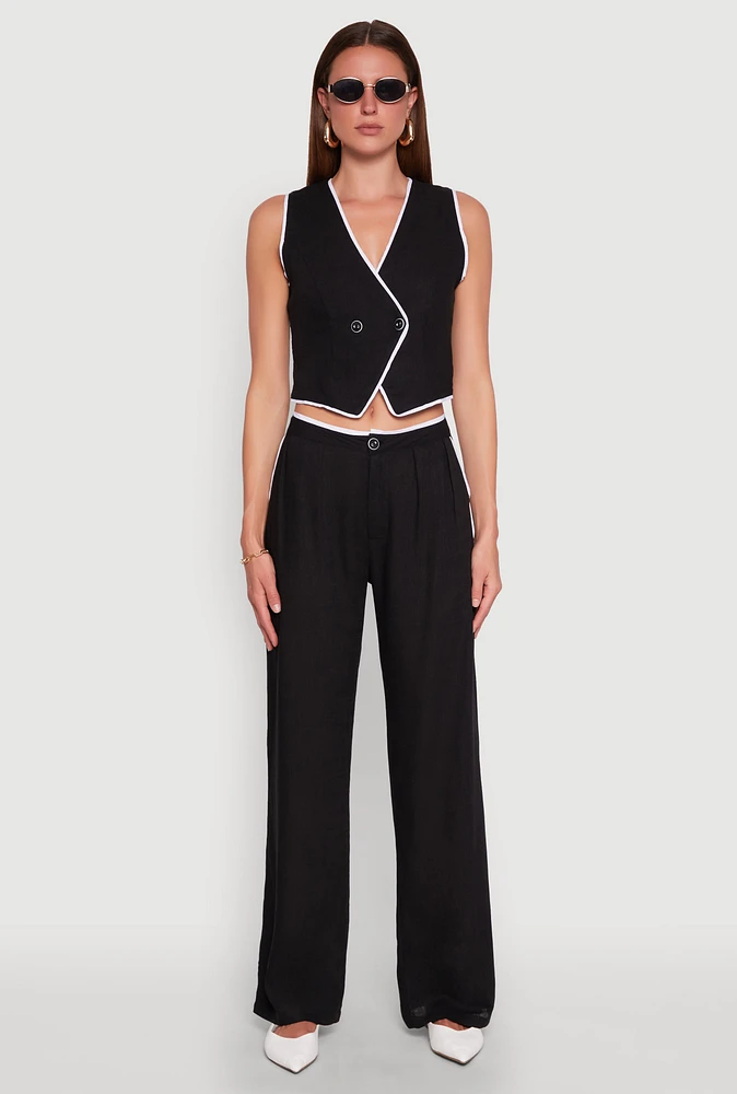 Womens Linen Contrast Trim Pants, Black, Size M