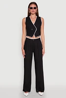 Womens Linen Contrast Trim Pants, Black, Size M