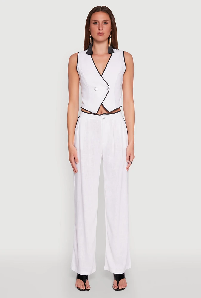 Womens Linen Contrast Trim Pants, White, Size M