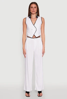 Womens Linen Contrast Trim Pants, White, Size M