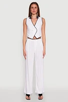 Womens Linen Contrast Trim Pants, White, Size M