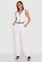 Womens Linen Contrast Trim Pants, White, Size M