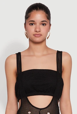 Womens Knitted Sheer Strapless Cropped Bandeau Top, Black, Size M