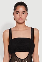 Womens Knitted Sheer Strapless Cropped Bandeau Top, Black, Size M