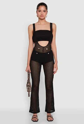 Womens Stylish Knitted Suspender Flared Pants, Black, Size S