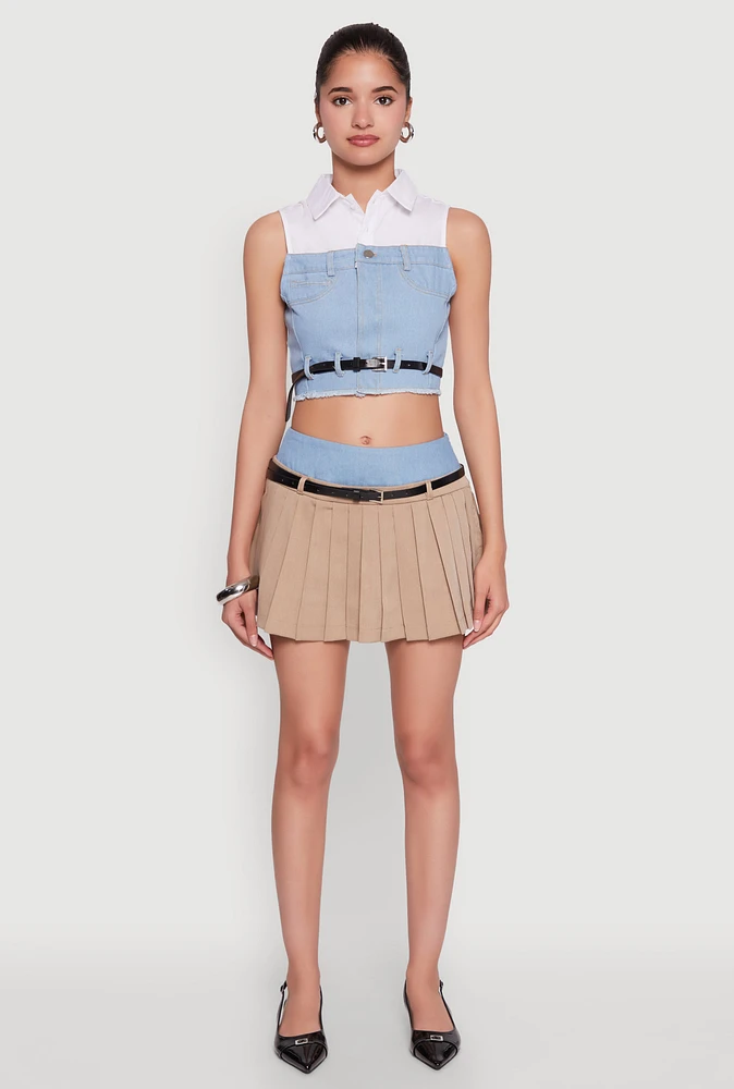 Womens Chic Denim Waistband Pleated Mini Skirt with Belt, Khaki, Size M