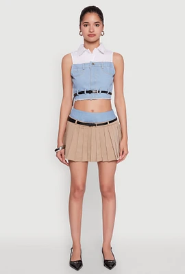 Womens Chic Denim Waistband Pleated Mini Skirt with Belt, Khaki, Size M