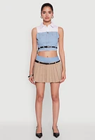 Womens Chic Denim Waistband Pleated Mini Skirt with Belt, Khaki, Size M